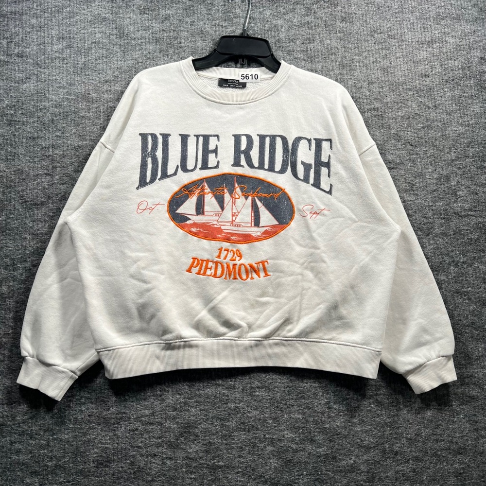 Bershka Blue Ridge Piedmont Graphic Sweatshirt Cream Mens Small Sailboat Print